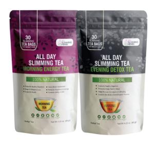 All Day Slimming Tea packaging with ingredients for morning energy and evening detox.