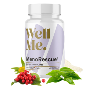 Menorescue bottle with natural ingredients for menopause support.