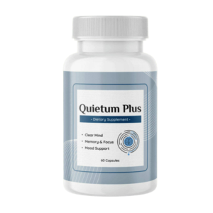 Quietum Plus bottle with natural ingredients for tinnitus relief and hearing support.