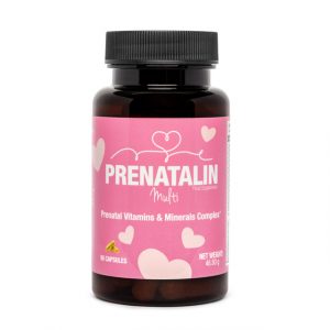 Prenatalin prenatal supplement set featuring multivitamin and omega-3 bottles for maternal and fetal health