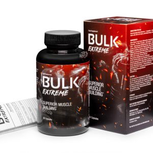 Bottle of Bulk Extreme supplement capsules for muscle growth, strength, and performance enhancement