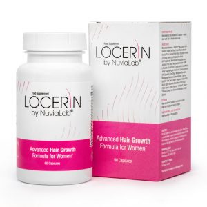 Bottle of Locerin supplement capsules for women's hair health, growth, and color support