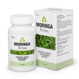 Bottle of Moringa Actives supplement capsules featuring Moringa oleifera leaf extract for natural weight management support