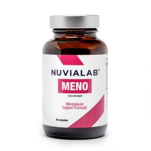 NuviaLab Meno dietary supplement bottle, 60 capsules, menopause support formula in white and pink packaging