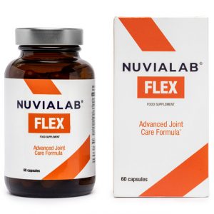 NuviaLab Flex dietary supplement for joint health support. The bottle and packaging feature the words "NuviaLab Flex - Food Supplement" and a graphic representation of joints.