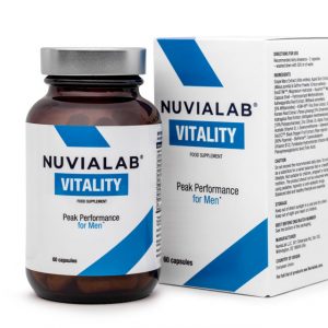 Bottle of NuviaLab Vitality supplement capsules for male health, energy, and vitality support