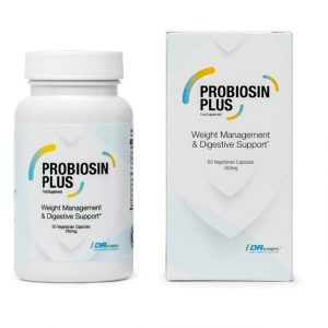 Bottle of Probiosin Plus probiotic supplement capsules for weight management and gut health support