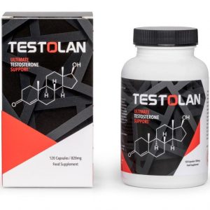 Bottle of Testolan supplement capsules for men's health support