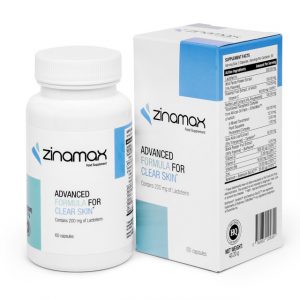 Bottle of Zinamax supplement capsules featuring lactoferrin and natural extracts for acne and skin health support