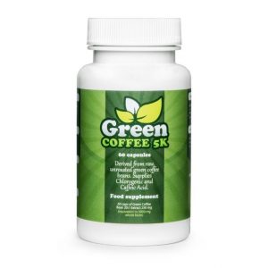 Bottle of Green Coffee 5K supplement capsules featuring green coffee extract for weight management support