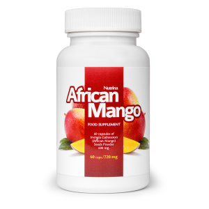 Bottle of African Mango supplement capsules for weight management support