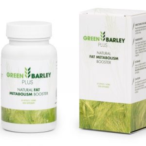 Bottle of Green Barley Plus supplement capsules featuring green barley extract and Garcinia Cambogia for natural weight management support