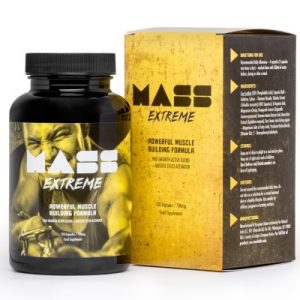 Bottle of Mass Extreme supplement for muscle mass increase and workout support