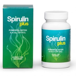 Bottle of Spirulin Plus supplement capsules featuring spirulina for detoxification and hydration support
